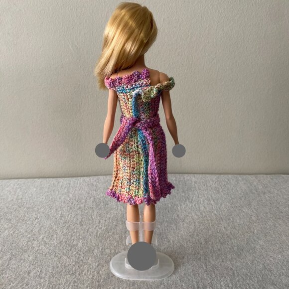 Handmade Crochet Pink Multicolour Dress+Cape+Belt for 29cm Doll 3-Piece Outfit - Picture 12 of 13